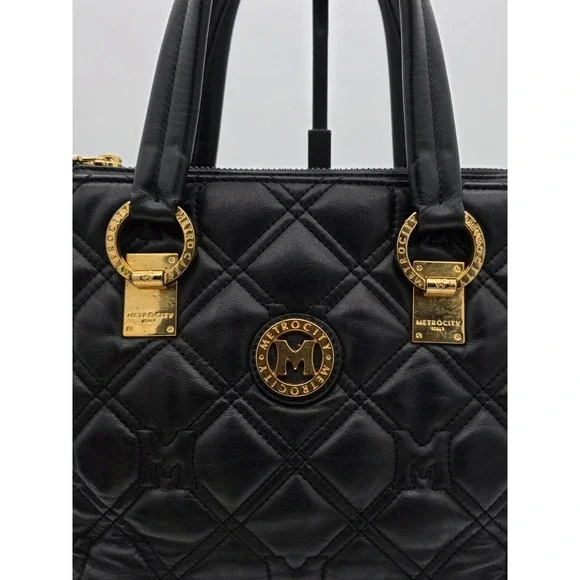 Metrocity Black Quilted Leather Satchel Made In Italy With Gold Hardware #0349 - Picture 2 of 16